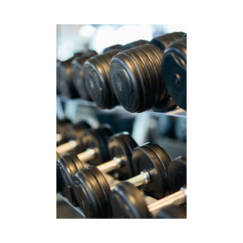 Multiple black dumbbells stacked in a exercise room