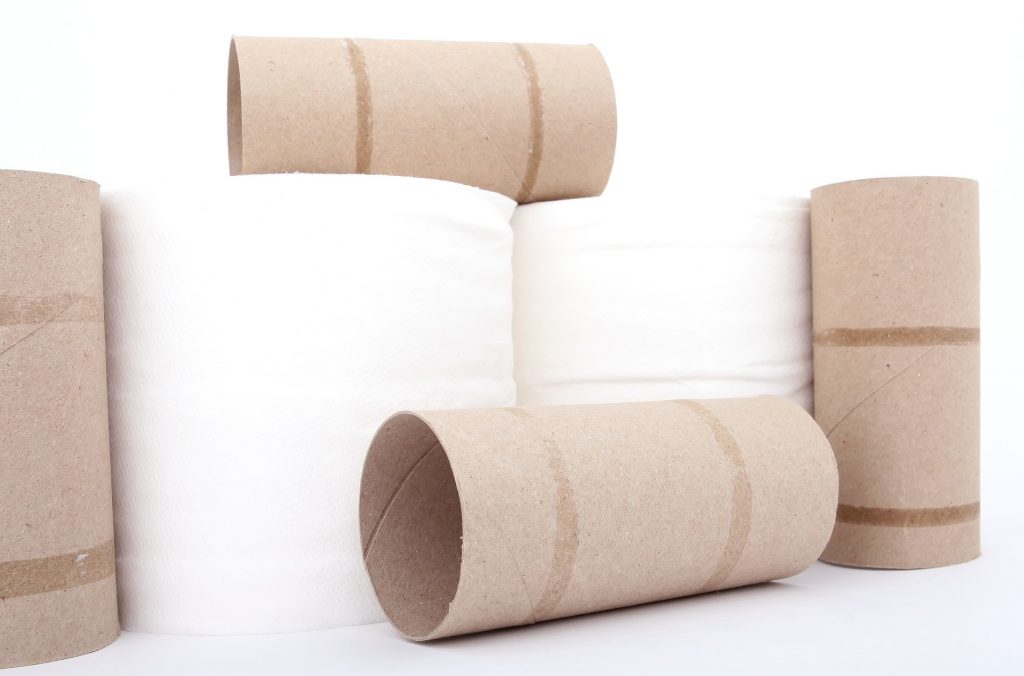 Two white toilet paper rolls with 4 empty brown toilet paper rolls arranged in a group set against a white background.