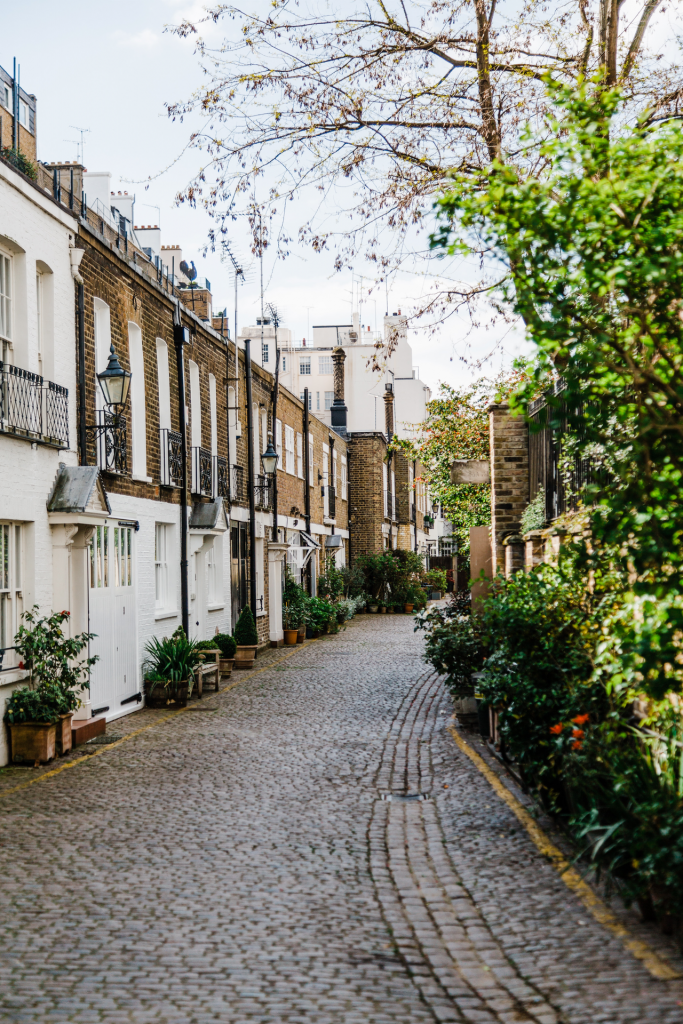 Cobblestone alley in village with green bushes and trees